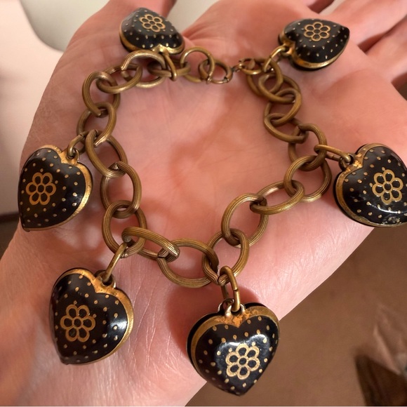 Antique Victorian revival art deco Brass Black enamel Heart Charm bracelet - Picture 7 of 17